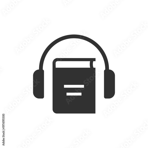 Audiobook with headphones icon. Audio reading and digital learning concept. Monochrome black and white symbol