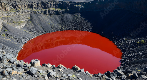 Large red hot air balloon soaring above rocky mountain landscape