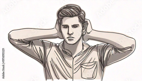 Man covering ears with hands looking forward.