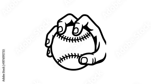 Black and White Hand Clutching a Baseball