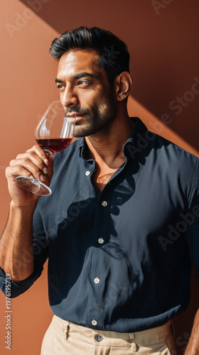 Elegant man holding red wine in warm light, conveying sophistication, calm confidence, refined leisure, and romantic evening atmosphere for Valentine’s Day.