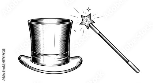 Magician hat and magic wand vector illustration, elegant illusion performance concept, isolated design
