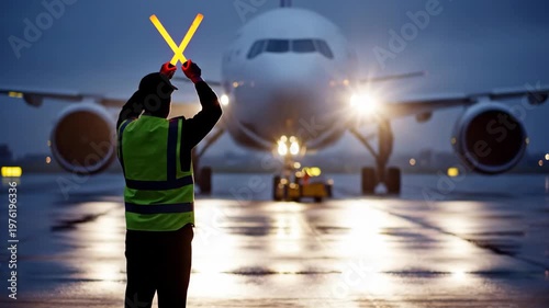 airport ground crew marshaller guiding large commercial aircraft on wet tarmac at dusk with illuminated wands
