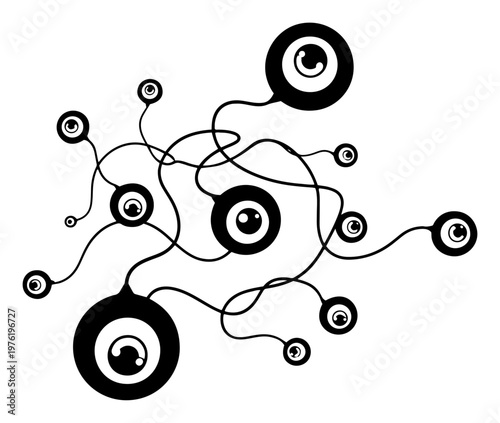 Network of staring eyes connected by tangled nerve lines in abstract minimalist style