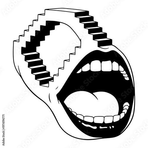 Impossible stairs forming human head above screaming mouth in surreal optical illusion style
