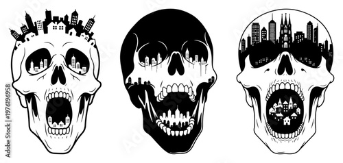 Three human skulls with urban city skylines inside their open mouths in monochrome sequence style