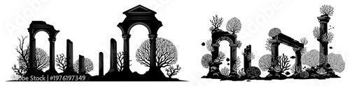 Ancient architectural ruins with classical pillars and arches overgrown with vegetation in monochrome style