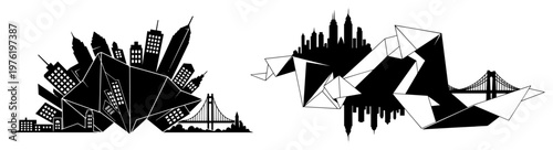 City skyline folding into geometric origami shapes with bridges and buildings in monochrome silhouette style