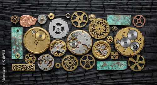 Intricate steampunk clockwork gears and components on a dark textured background