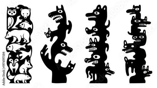 Animal totem poles featuring wolves bears and birds in minimalist silhouette style