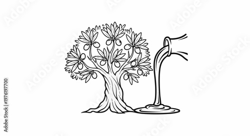 A stylized olive tree with ripe olives and oil being poured from a jug