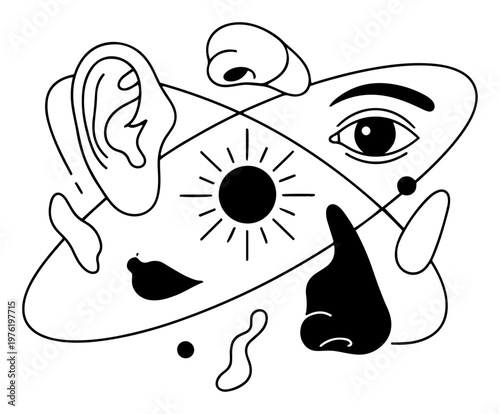 Abstract human sensory organs arranged in atomic orbital structure in surreal line art style