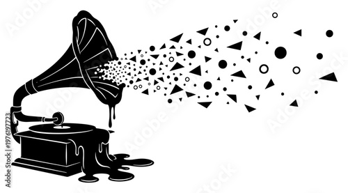 Melting vintage gramophone emitting geometric shape burst in surreal monochrome style