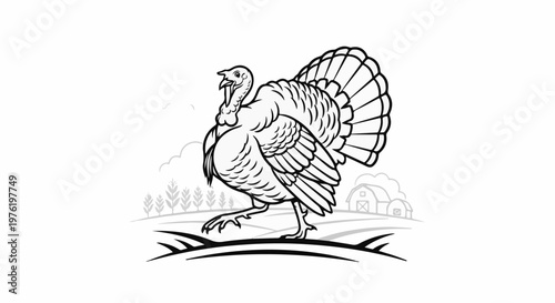 A stylized, outline drawing of a turkey on a farm with barns and trees
