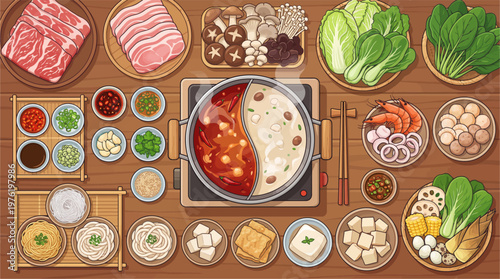 A variety of food items arranged on a table for a hot pot meal