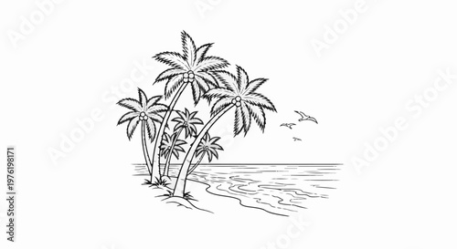 A tropical beach scene with palm trees, ocean waves, and flying seagulls