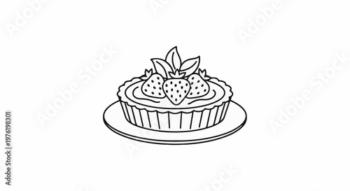 A line drawing of a small fruit tart topped with fresh strawberries and leaves