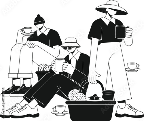 Black and white illustration of three friends enjoying a picnic together outdoors