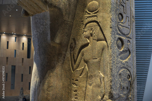 The colossal statue of Ramses ii, made of red granite. It stands in the entrance hall (Great Hall) of the new Grand Egyptian Museum (GEM)