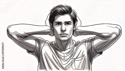 Young man with hands behind head looking forward.