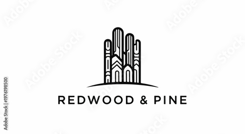 Abstract line art of tall, multi-layered pillars on a curved base with text