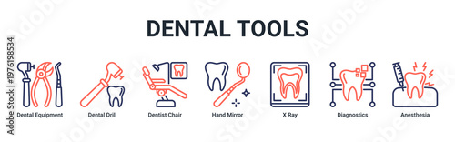 Dental Tools web banner icon vector illustration with icons of Dental Equipment,Dental Drill,Dentist Chair,Hand Mirror,X Ray,Diagnostics and Anesthesia