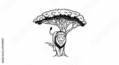 A lion stands proudly beneath the broad canopy of a lush tree