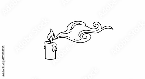 A lit candle with melting wax drips and stylized smoke plumes