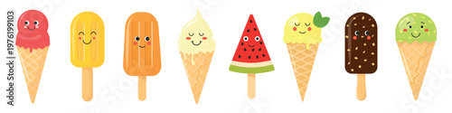 Cute kawaii ice cream set with smiling faces. Sweet summer collection with funny characters, perfect for kids design, stickers, printed, packaging, greeting cards.