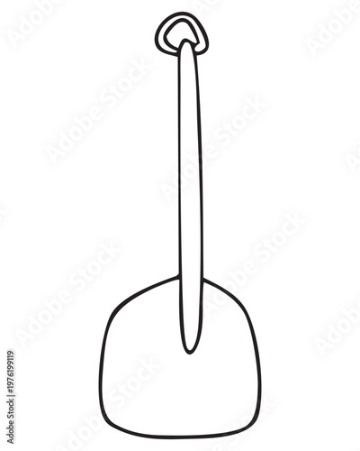 Hand drawn vector doodle illustration of a shovel. The design features a long handle and a wide, flat blade, emphasizing simplicity and functionality.