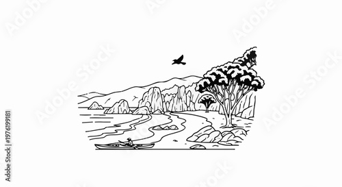 A lone kayaker navigates a coastal inlet with rocky shores and treed cliffs