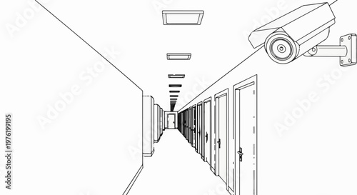 A long hallway with many doors and a security camera mounted on the ceiling