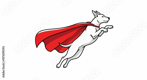 A white dog in a red cape soars through the air