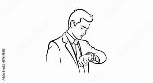 A man in a suit checks his wristwatch, looking down with a focused expression