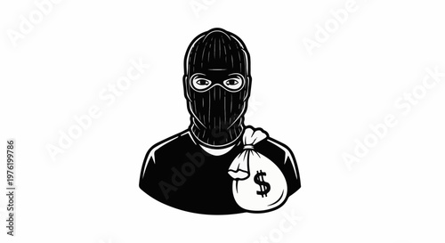 A masked figure wearing a ski mask and carrying a bag of money