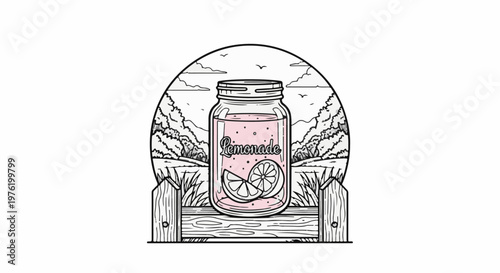 A mason jar of pink lemonade with lemon slices rests on a wooden fence post