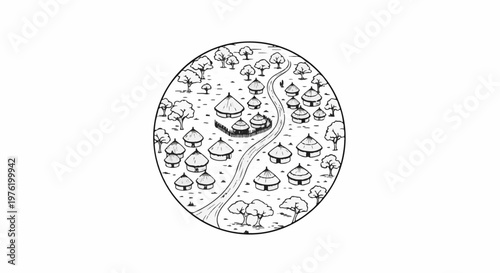 Aerial view of a village with round huts and trees arranged in a circle