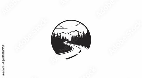 A winding road through a forest and mountains, enclosed in a circle