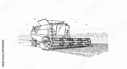 Agricultural combine harvesting grain in a field under a sky with birds