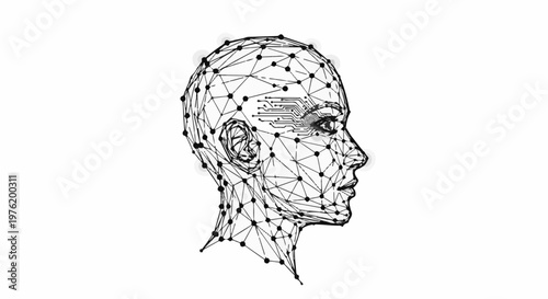 A wireframe human head profile with circuit board detail in the eye area