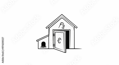 A simple line drawing of a chicken coop with two chicken heads