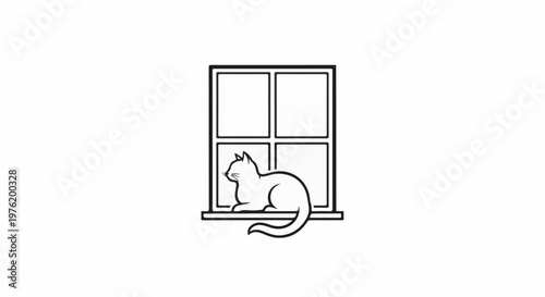A simple line drawing of a cat sitting on a window sill