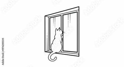 A simple line drawing of a cat looking out of a window