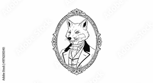 An anthropomorphic fox portrait in a decorative oval frame