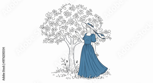 A woman in a blue dress and hat reaches for fruit on a flowering tree