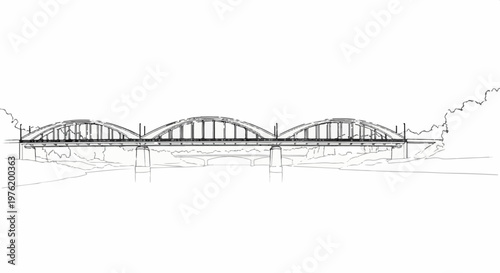 An architectural sketch of a multi-arched bridge spanning a body of water