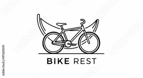 A minimalist graphic depicting a bicycle with curves above, suggesting a rest or hammock