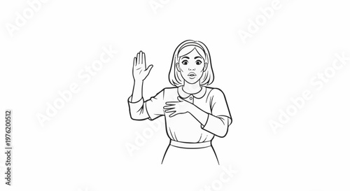 A woman with hand raised in oath and on chest, in outline