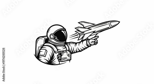 An astronaut in a spacesuit points to a rocket ship flying past him