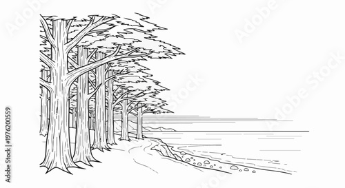 A winding path leads past tall trees to a tranquil shoreline and distant hills